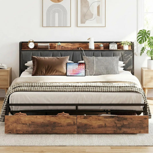 King Size Platform Bed Frame with Storage Headboard, Charging Station, Drawers, Easy Assembly in Industrial Brown and Gray