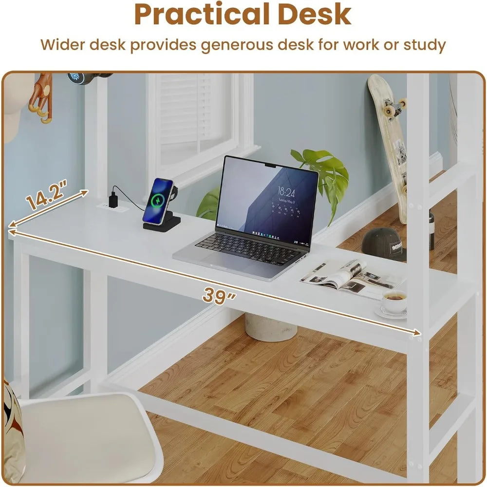 Twin Loft Bed with Desk & 8 Drawers Tall Dresser, Metal Loft Bed with LED Lights & Charging Station, 2-Tier Storage Shelves, Sta