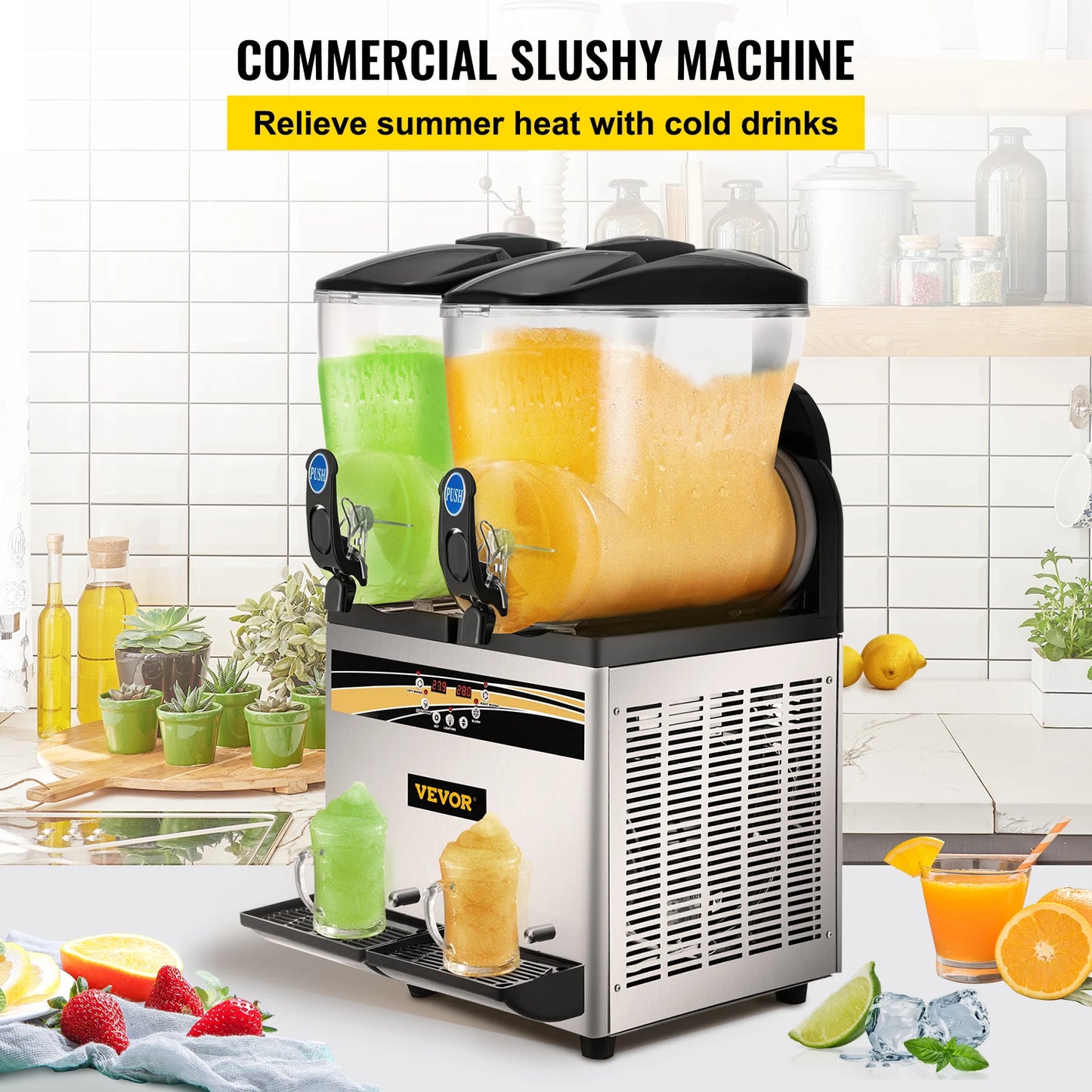 SucceBuy 2x15L Commercial Slushy Machine Tank Margarita Maker 1000W Stainless Steel Smoothie Frozen Drink Maker for Supermarkets