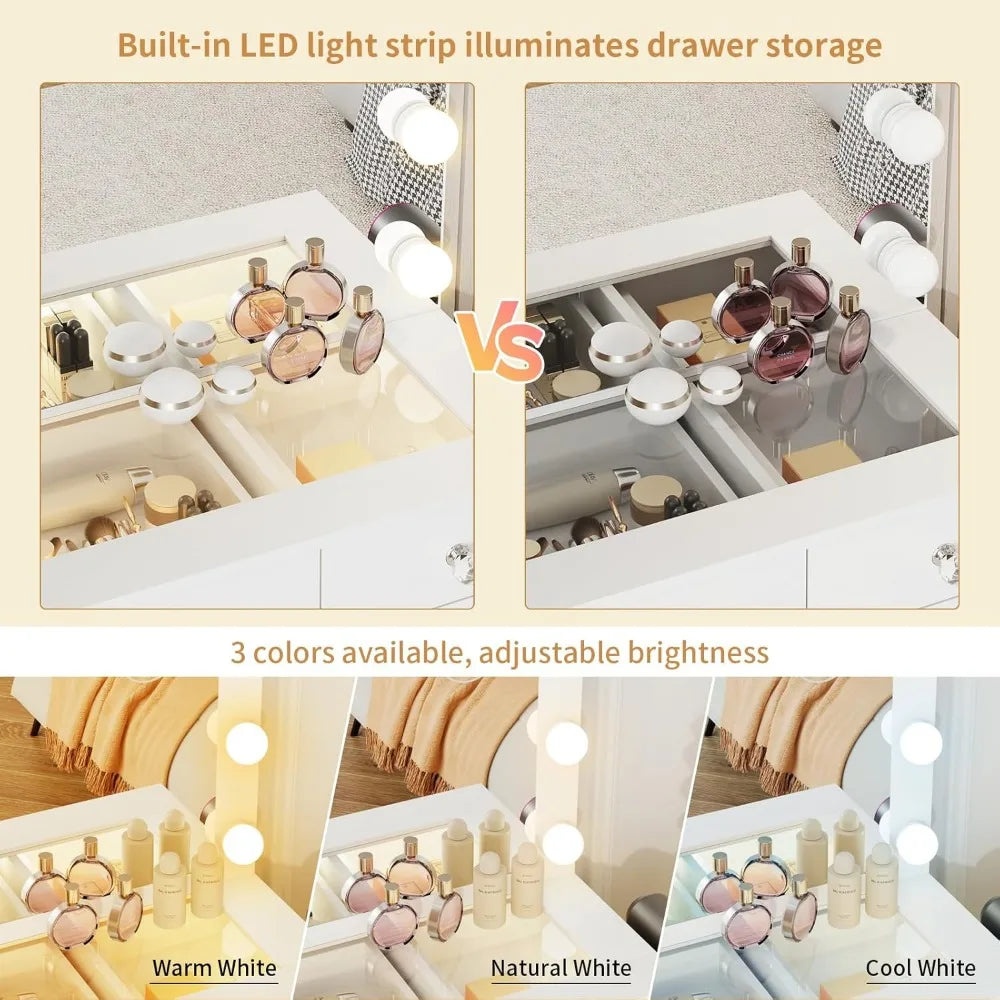illuminated glass vanity desk with 11 drawers and 3 adjustable light modes