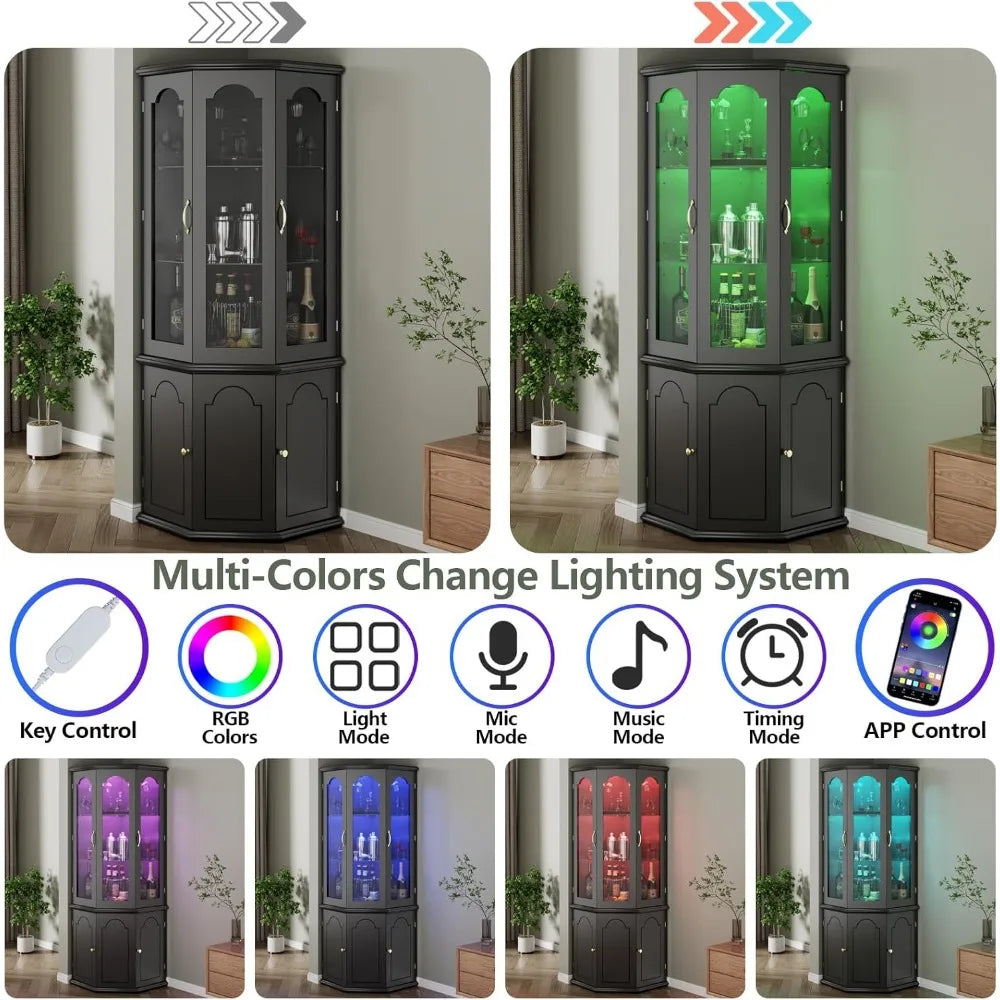 Corner Bar Cabinet w/LED Lights, Tall Modern Wine Cabinet with Tempered Glass Door & Adjustable Shelves, Home Bar Liquor Storage