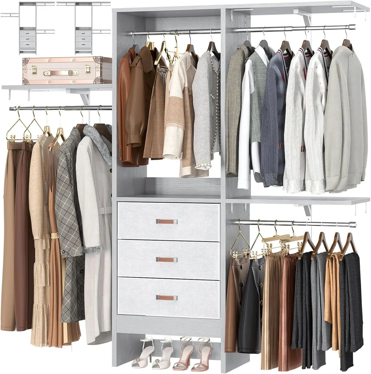 5FT Small Closet System, 60" Walk-In Closet Organization System, Adjustable Shelves, 59"L X 16"W X 71"H, White
