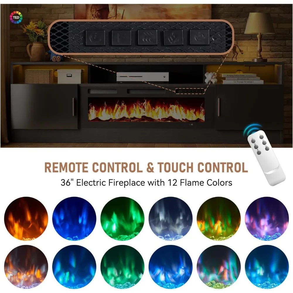 70" Fireplace TV Stand with Power Outlet for TVs UP to 80", Electric Fireplace Entertainment Center with LED Lights & Storage C
