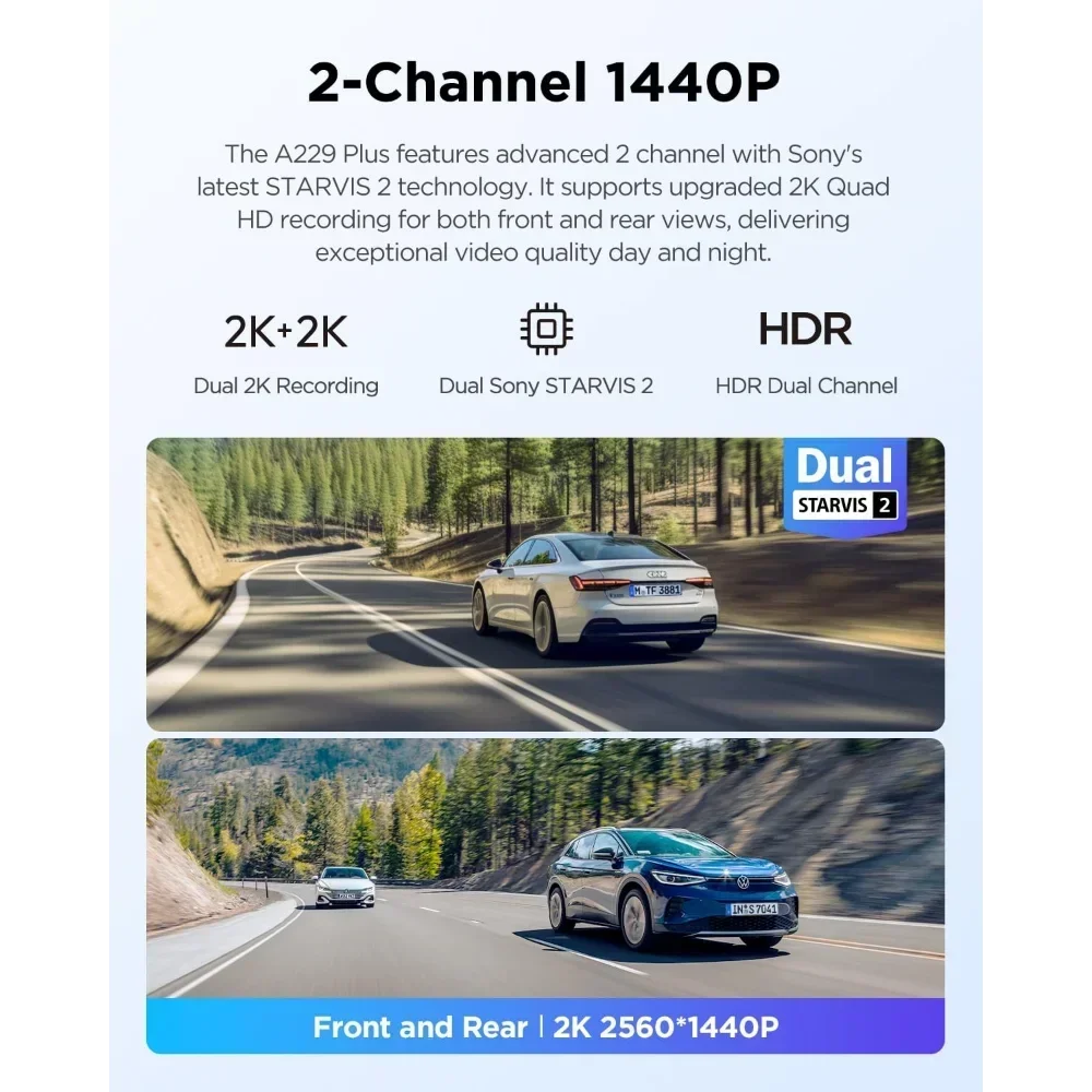 home.A229 Plus Dash Cam with Dual STARVIS 2 Sensors, 2 Channel HDR, 1440P+1440P Front and Rear, Voice Control Car Dash Camera