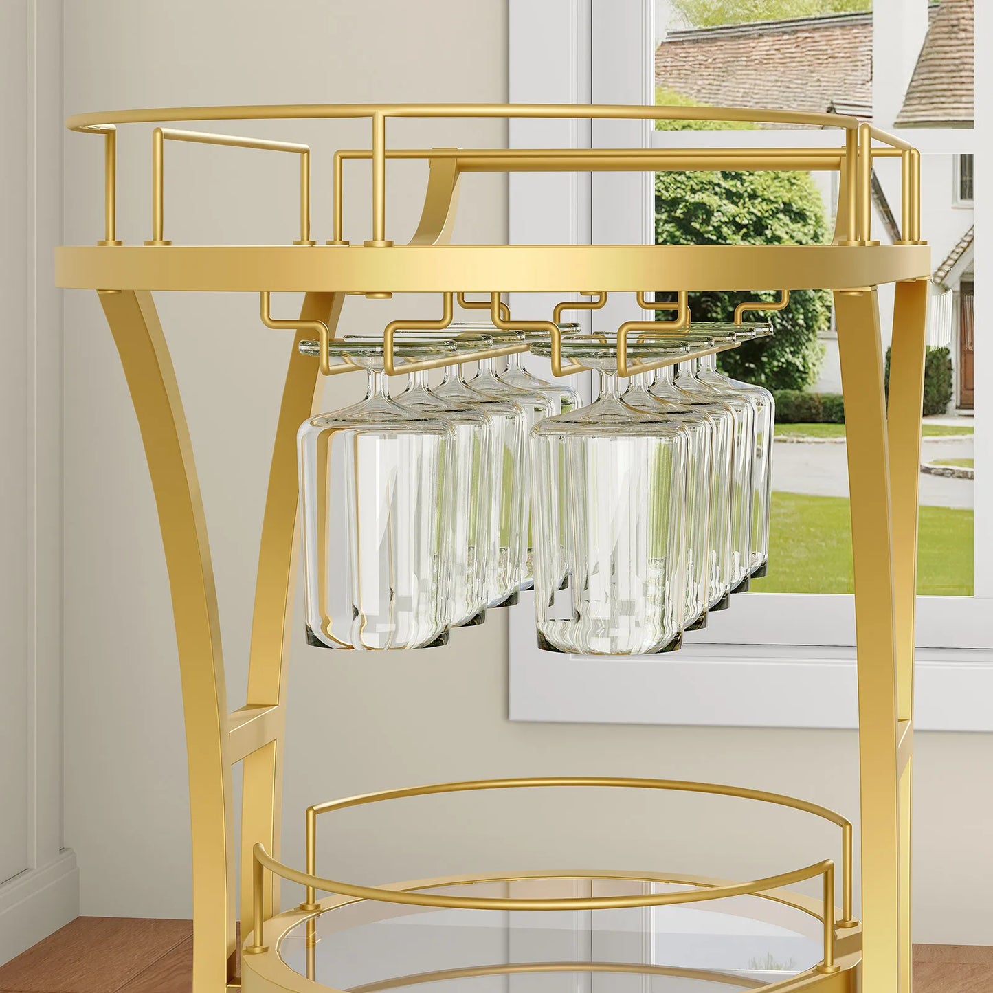 Gold Bar Cart with Wheels, 3-Tier Glass Shelves Serving Cart, Metal Rolling Kitchen Cart with Stemware Rack, Locking Casters, for Dining Room, Living Room, Gold