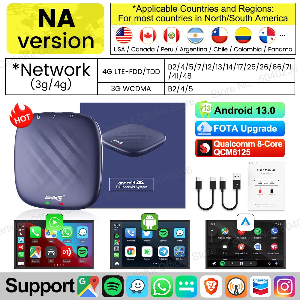 CarlinKit 8G+128G Android 13 CarPlay TV AI Box Qualcomm 8-Cores Wireless Android Auto CarPlay Video Box FOTA Upgrade For Netflix