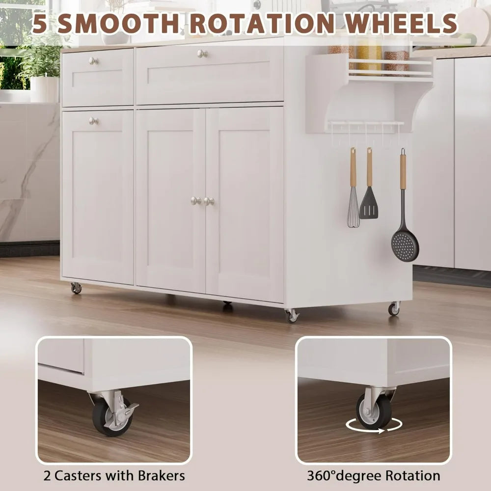 Kitchen Island On Wheels With Storage, Rolling Kitchen Islands With Drop Leaf&Power Outlet, Mobile Kitchen Island Cart With Tras