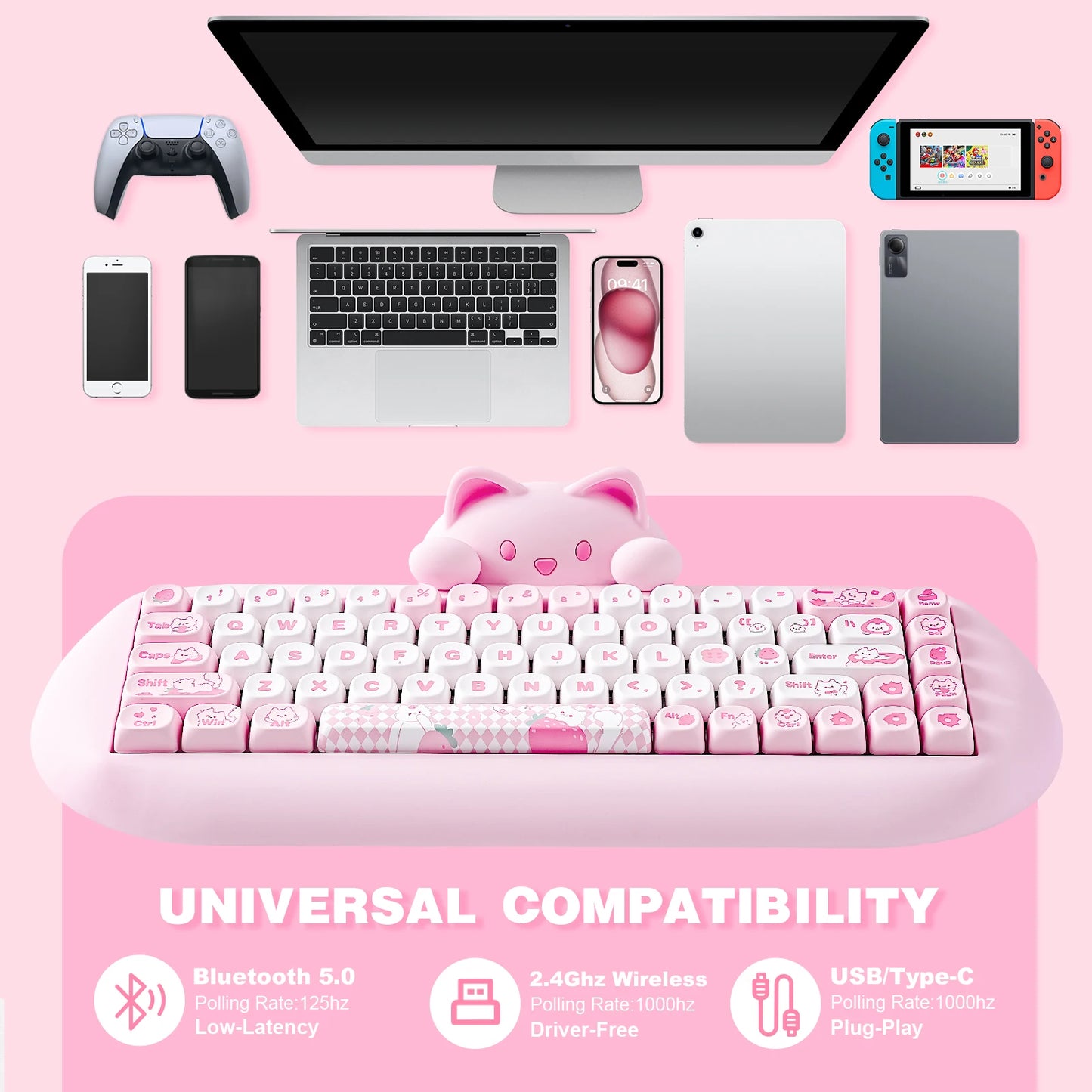 YUNZII C68 Wireless Gaming Keyboard, Hi-Fi Cute Cat Custom RGB Mechanical Keyboard, Silicone 65% Hot Swap Ergonomic Kitty Keeb