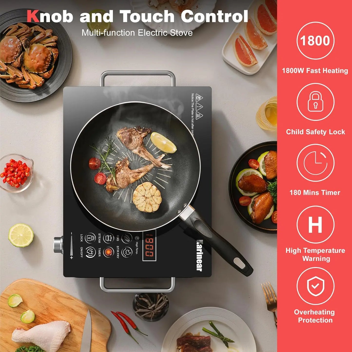 Karinear Ceramic hob 1 Zone Portable with Gummifüße, 650°C Max, 36CM, 220-240V Plug, Anti-scald Handle,2000W, Timer, Safety Lock
