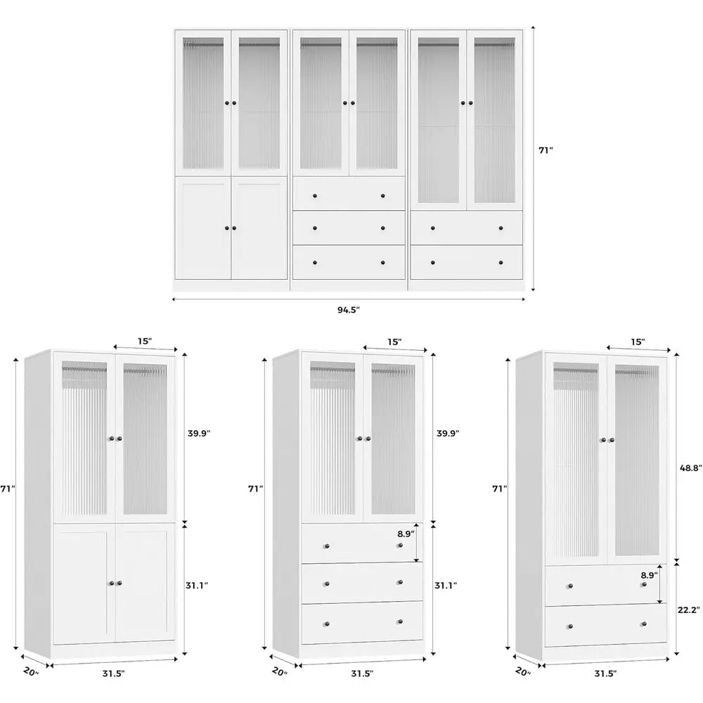 20-Drawer Glass-Door Wardrobe, 71 High Hanging Storage Cabinet with Soft-Close, Large Capacity White Closet