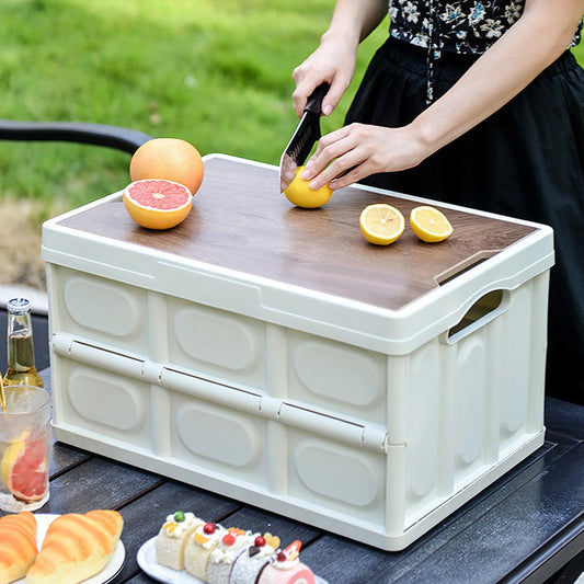 30L Outdoor Camping Picnic Folding Storage Box Multifunctional Thicken Removable Storage Box with Wooden Panel