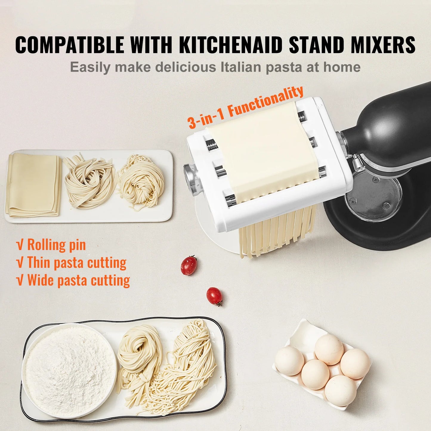 SucceBuy Pasta Attachment for KitchenAid Stand Mixer 3-IN-1 Stainless Steel Pasta Roller Cutter Set Including Pasta Sheet Roller