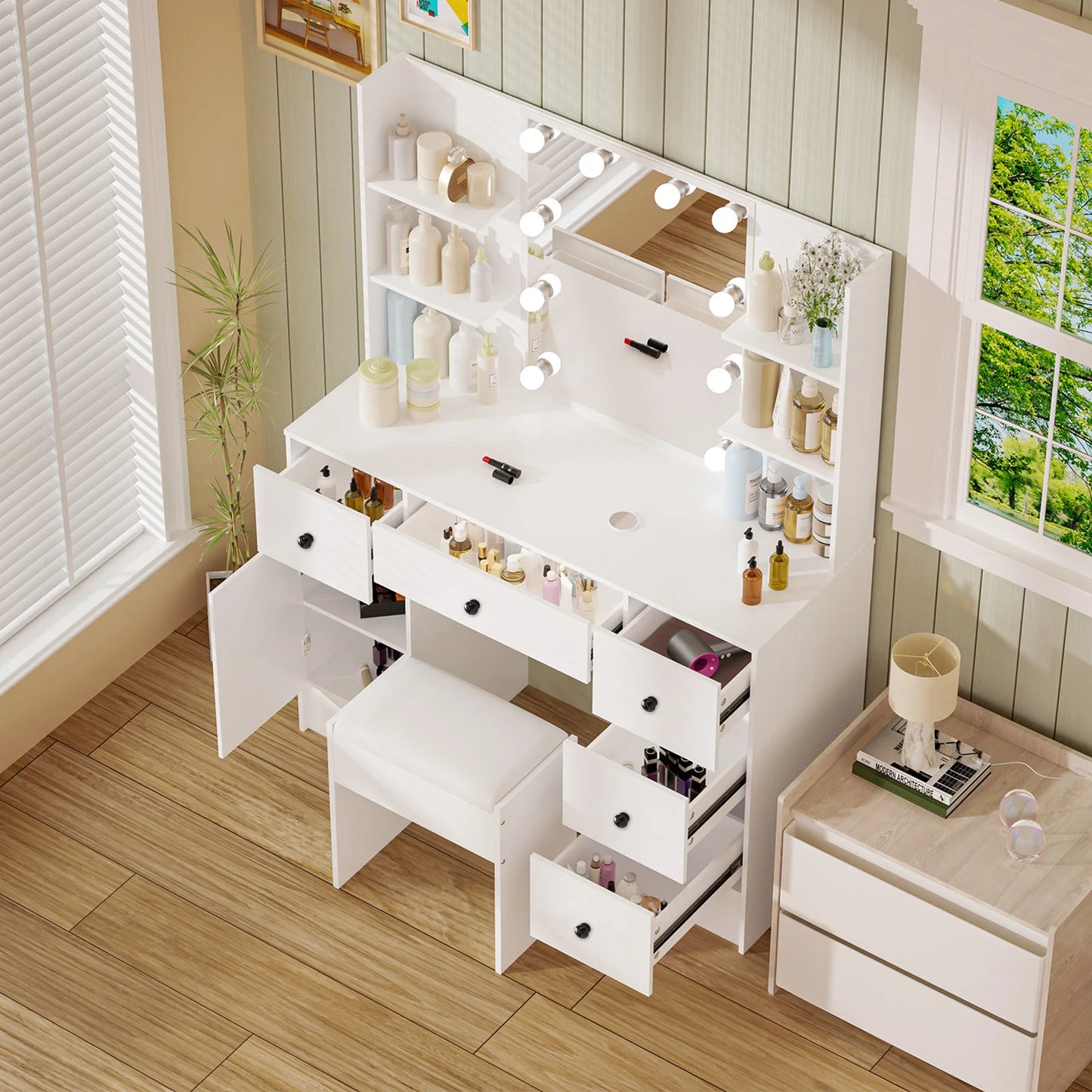 Teousev White Modern Vanity Set with 10 LED Lighted Mirror 5 Drawers & Stool 3 Color Dimmable Easy Assembly Bedroom Dressers