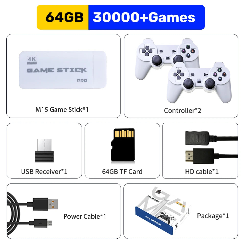 JMachen M15 Game Stick 64G Video Game Console 4K UHD Output with 30000+ Retro Games for PS1/MAME/SNES with Wireless Controllers