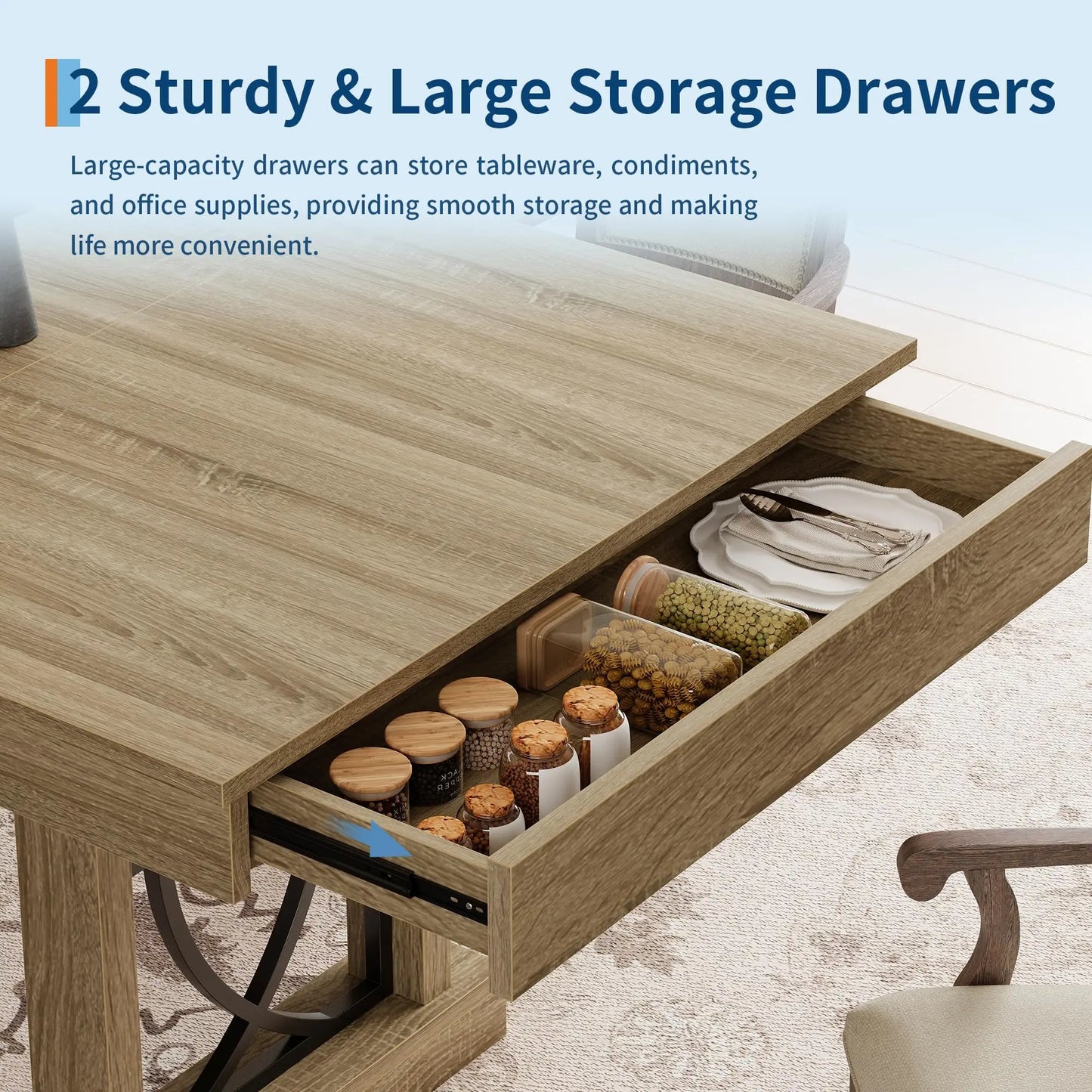 Large 71 Inch Dining Table With 2 Storage Drawers For 6-8, Rustic Wood Kitchen Table, Heavy Duty Base, Home Office Desk
