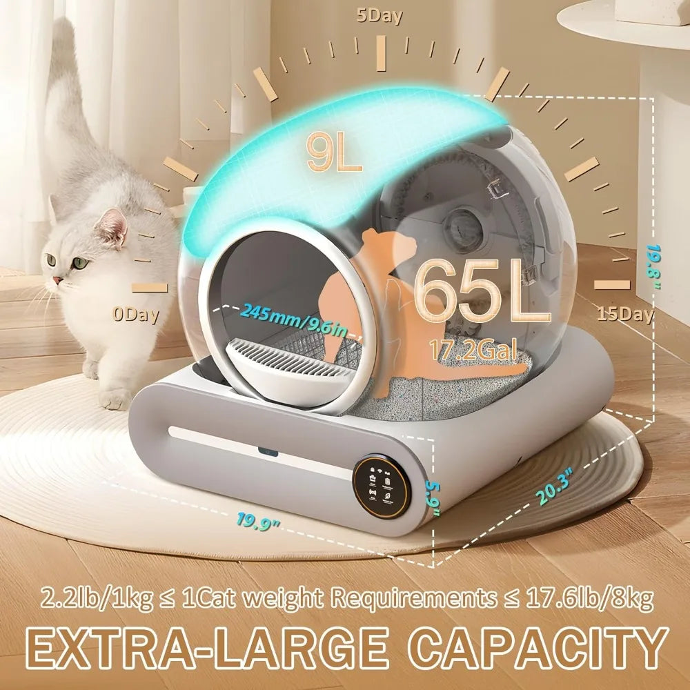 Self Cleaning Litter Box, Automatic Cat Litter Box Self Cleaning for Multiple Cats, 65L+9L Robot, 3 Rolls Grabage Bags