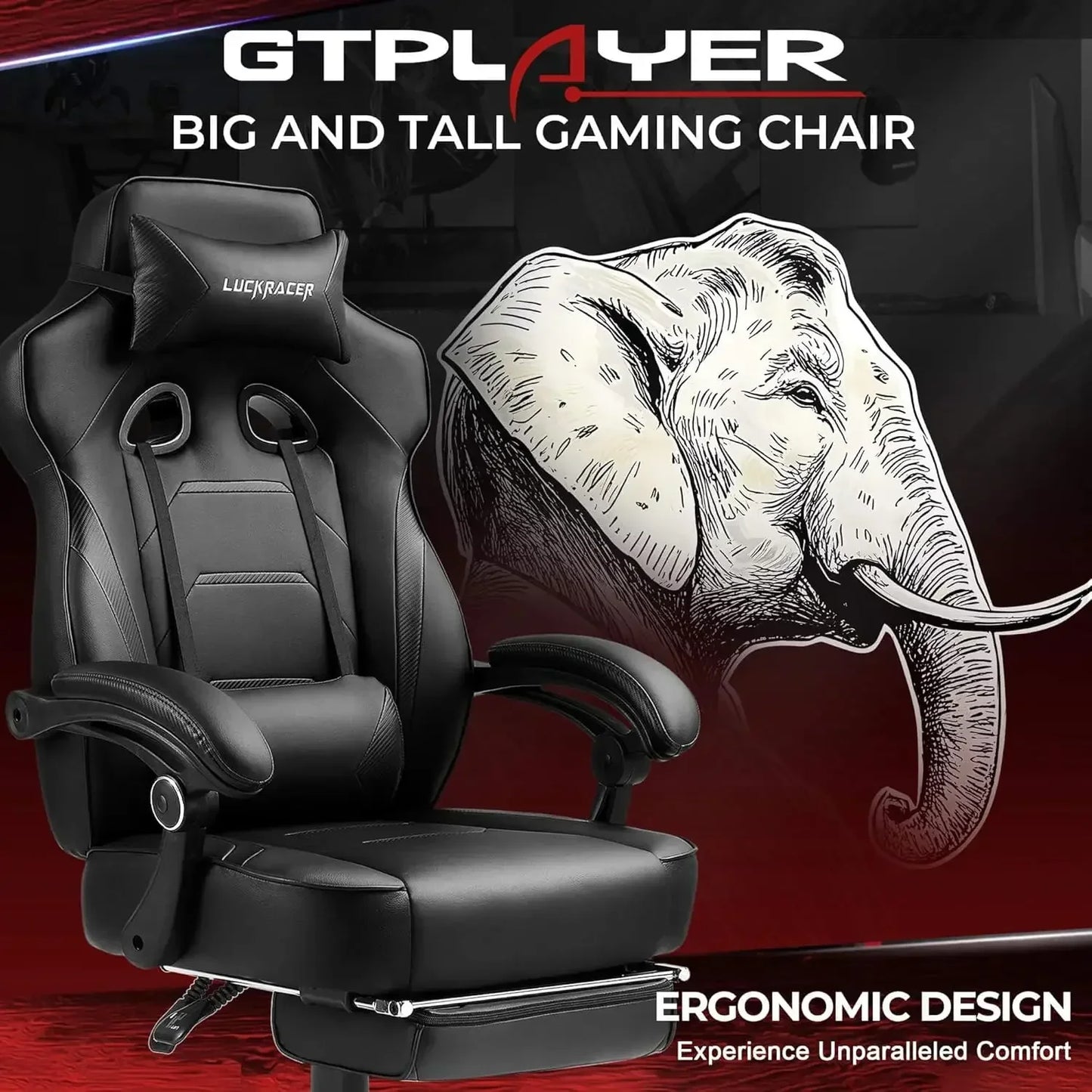 Gaming Chair with Footrest, Big and Tall Game Chair 350lb Racing Style Computer Chair, Black