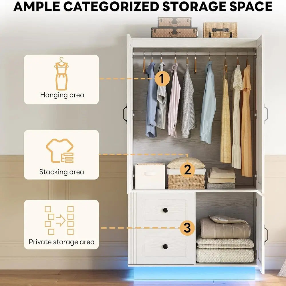 LIKIMIO Farmhouse Wardrobe Closet with Doors, 70" Bedroom Armoires with LED Lights and Hanging Rod,Wooden Large Wardrobe Cabinet
