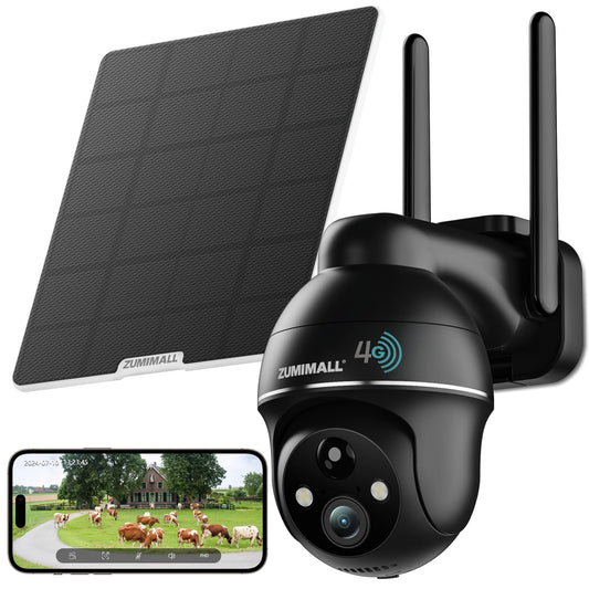 ZUMIMALL 4G LTE Cellular Solar Security Camera Outdoor, No WiFi,Solar Powered with Color Night Vision,SIM Included