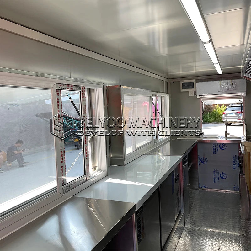 Belyoo Food Truck Trailer Fully Equipped BBQ Food Trailer with Porch Mobile Fast Food Truck Hot Dog Food Cart with Full Kitchen