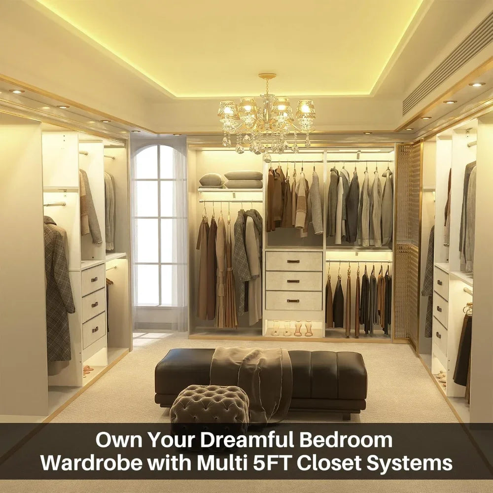 5FT Small Closet System, 60" Walk-In Closet Organization System, Adjustable Shelves, 59"L X 16"W X 71"H, White