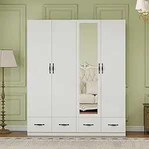Wooden Armoire Wardrobe Closet：Modern Armoire Wardrobe Closet with 4 Doors, 2 Drawers and Hanging Rods for Tall Cabinet, Large C