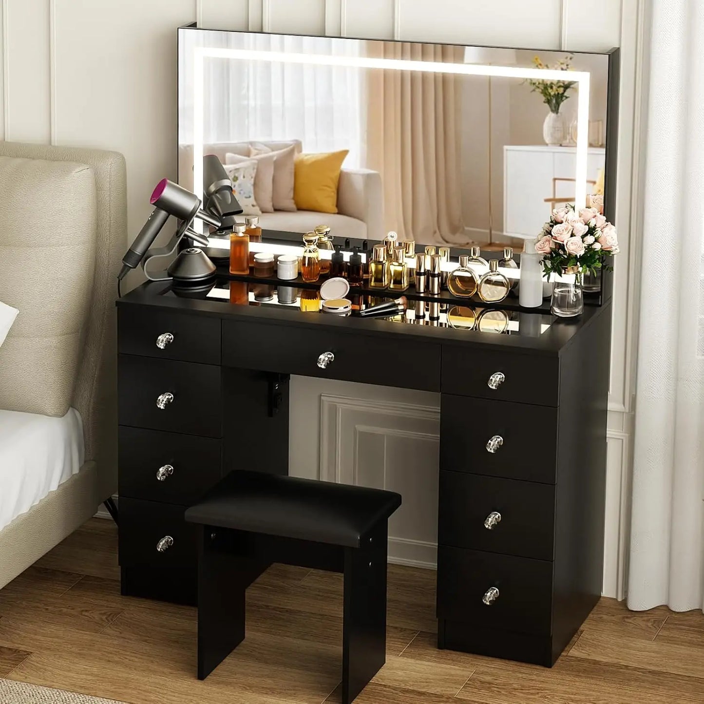 Glass Top Vanity Desk Lighted Mirror Power Outlet 9 Drawers 3 Color Lighting Adjustable Brightness Cushioned Stool 43 Customized