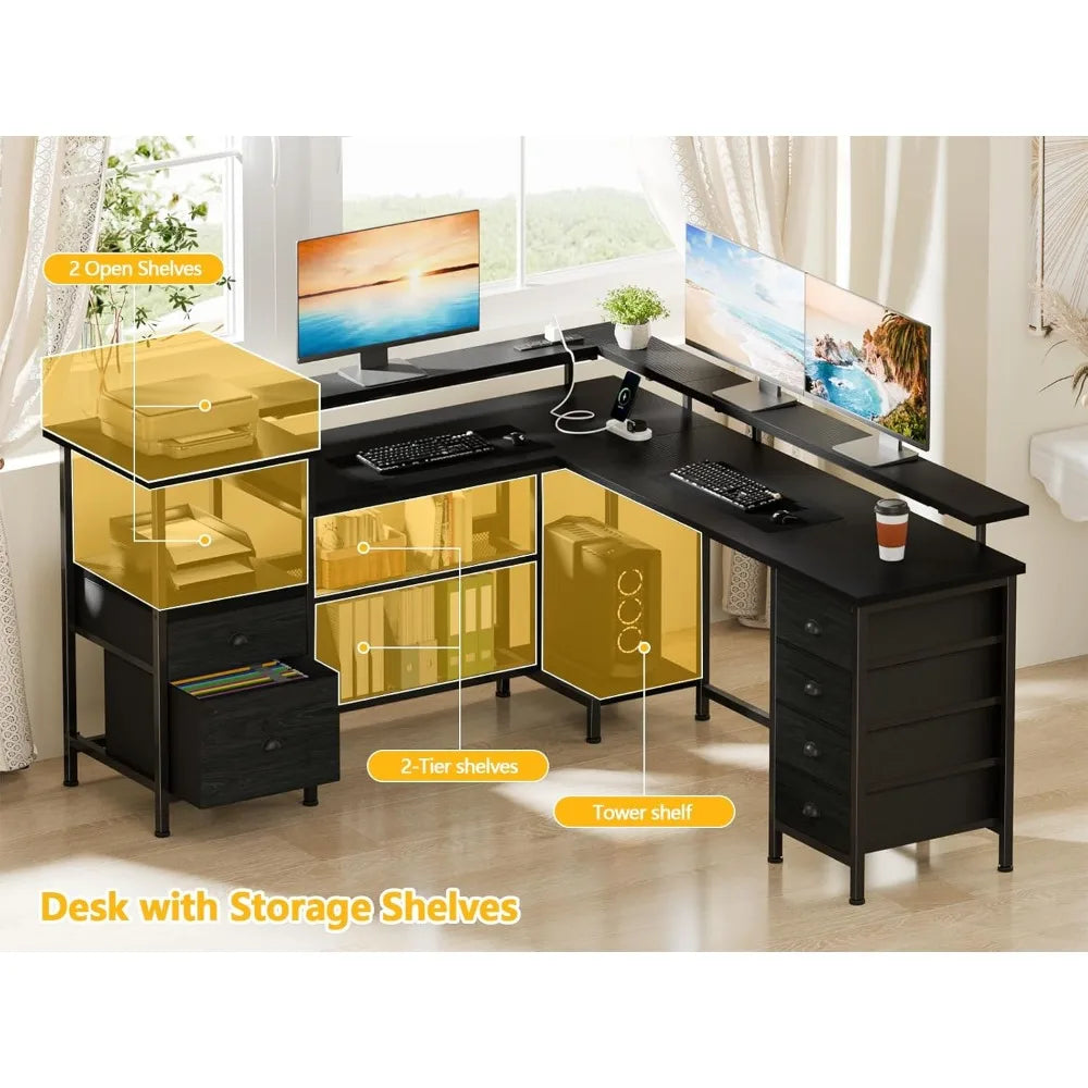 66" L Shaped Gaming Desk with 6 Drawers & Printer Storage Shelves, Reversible Computer Corner Desk with Power Outlets&LED Light