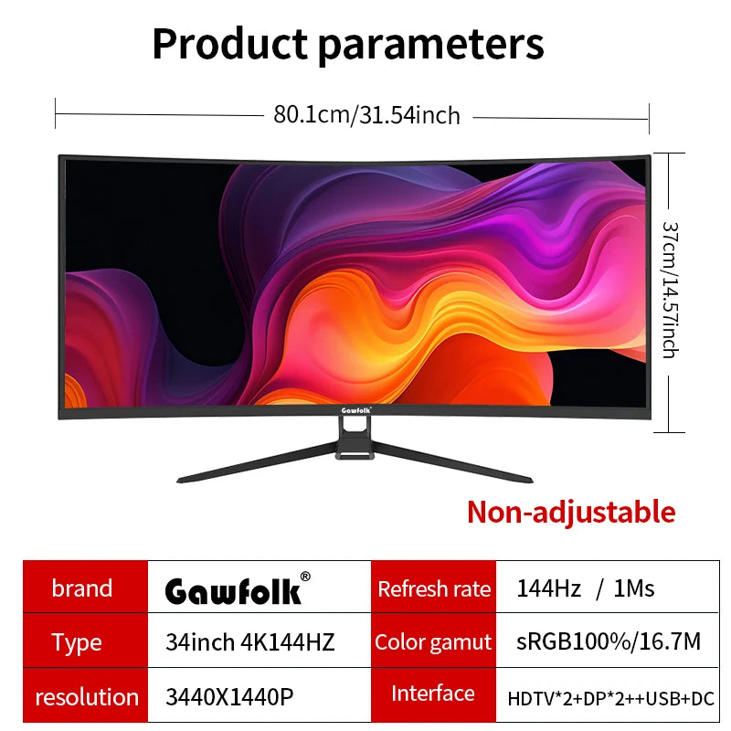 Gawfolk Monitor 34'' 144Hz Bandfish Screen Curved 1500R Gaming Bezel-less Slim 400HDR Nits 100% SRGB Wide Color Gamut FAsT VA Te