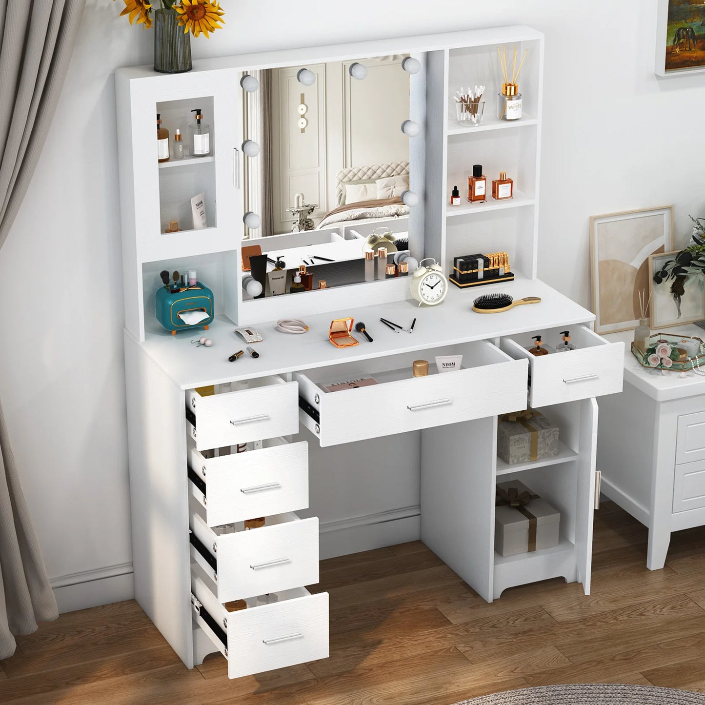 Teousev White Modern Vanity Set Openable 3-Colour Lighting Mirror 5 Drawers & Glass Cabinet Easy Assembly Bedroom Makeup Desk