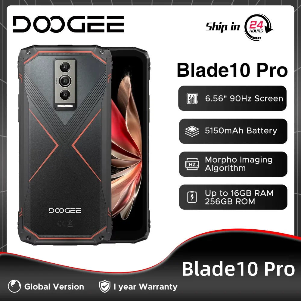 Global Version DOOGEE Blade10 Pro Rugged Phone 30GB(6+24) 256GB 6.56" 90Hz IPS UNISOC T7200 Octa Core 50MP Camera Android 15 NFC