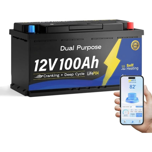12V 100Ah Marine Starting LiFePO4 Battery Bluetooth, [Cranking &Deep Cycle] Lithium Battery with Self-Heating, Built-in 200A BMS