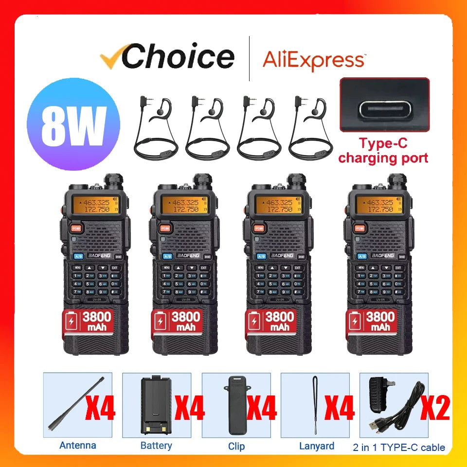 4PCS Walkie Talkie UV 5R 8W Ham Radio Long Range Walkie Talkies Dual Band Handheld Two Way Radio with 3800mAh Battery