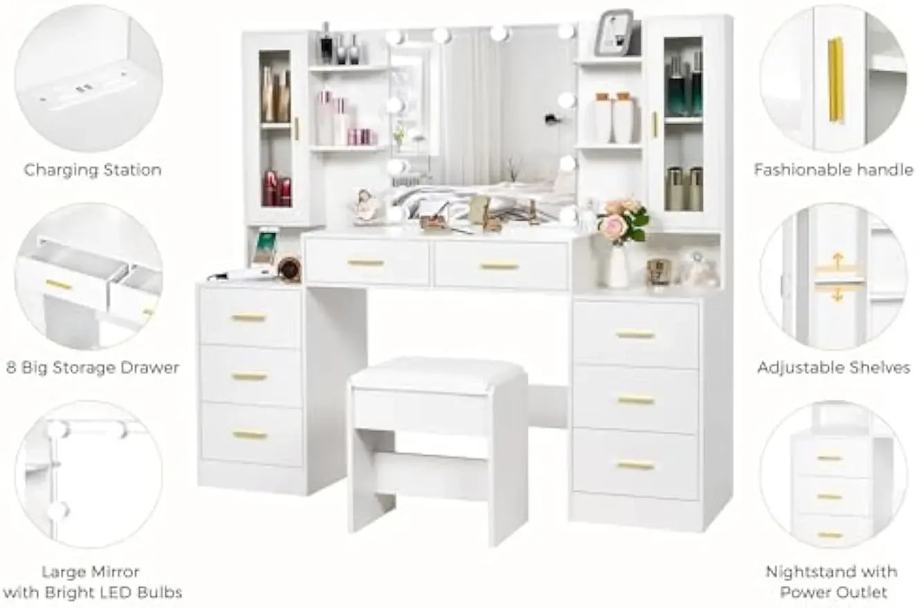 [Discounted Price!]59.1" Large Vanity Desk Table with Mirror & Lights White Makeup Vanity with Power Outlet and 8 Drawers 3 Ligh