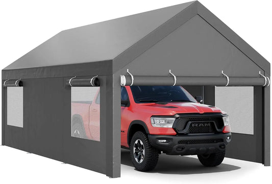 JY QAQA Carport, 12x20 FT Heavy Duty Carport with Roll-Up Window and Sandbags, Portable Garage with Removable Side Walls and
