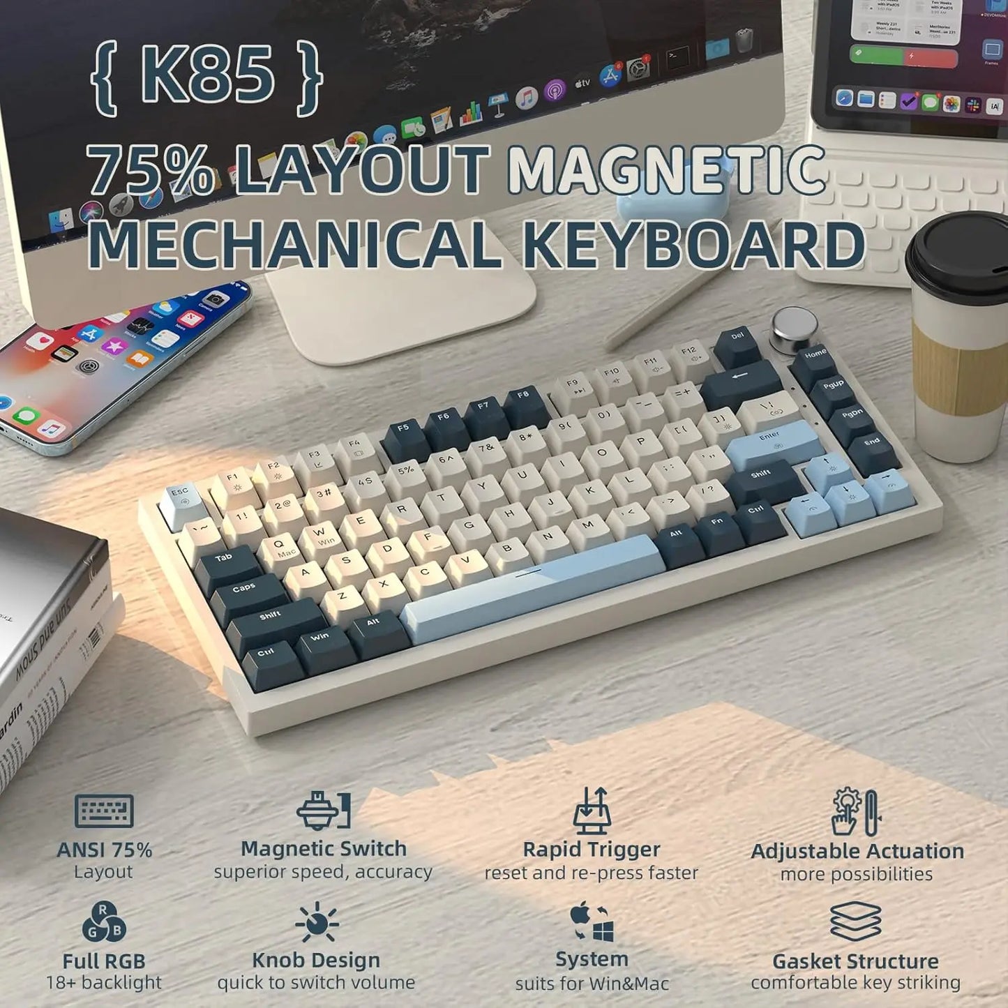 ATTACK SHARK K85 Rapid Trigger Mechanical Keyboard, Magnetic Switch, Adjustable Actuation, Apex Pro TKL Wired Esports Gaming Key