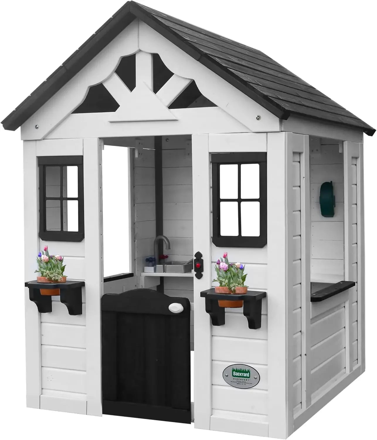 HOME All Cedar White Modern Outdoor Wooden Playhouse, Cottage, Sink, Stove, Windows, Kitchen with Pot and Pans