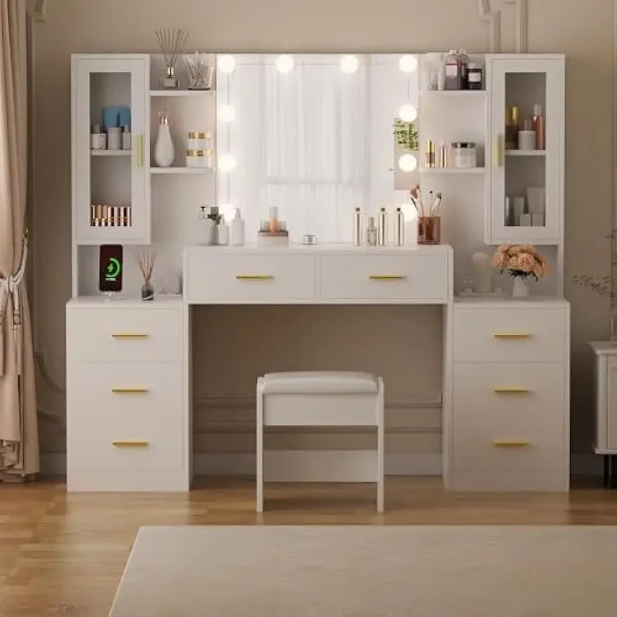 [Discounted Price!]59.1" Large Vanity Desk Table with Mirror & Lights White Makeup Vanity with Power Outlet and 8 Drawers 3 Ligh