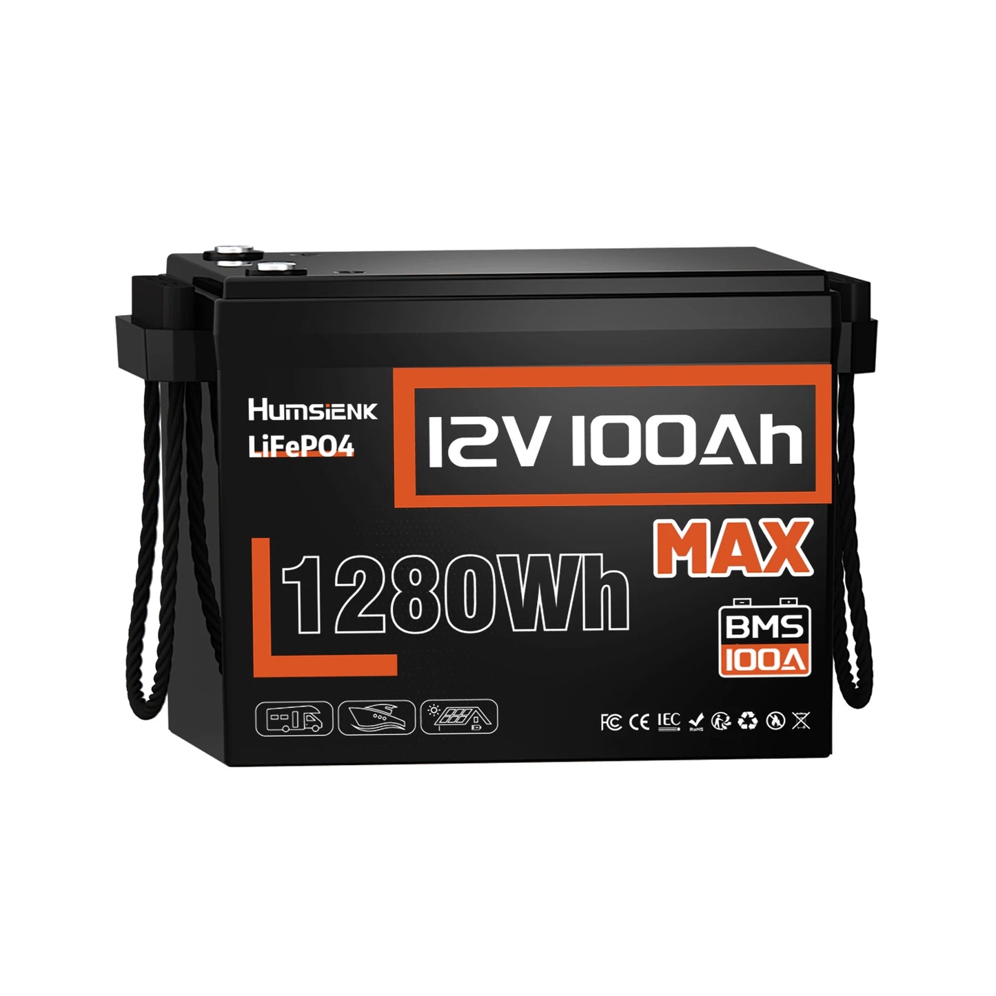 Humsienk LiFePO4 Lithium Battery 12V 100AH BMS 100A 1280Wh For RV/ Vans/ Trolling Motor/Off-grid/Camping/2-year warranty/UL 1973