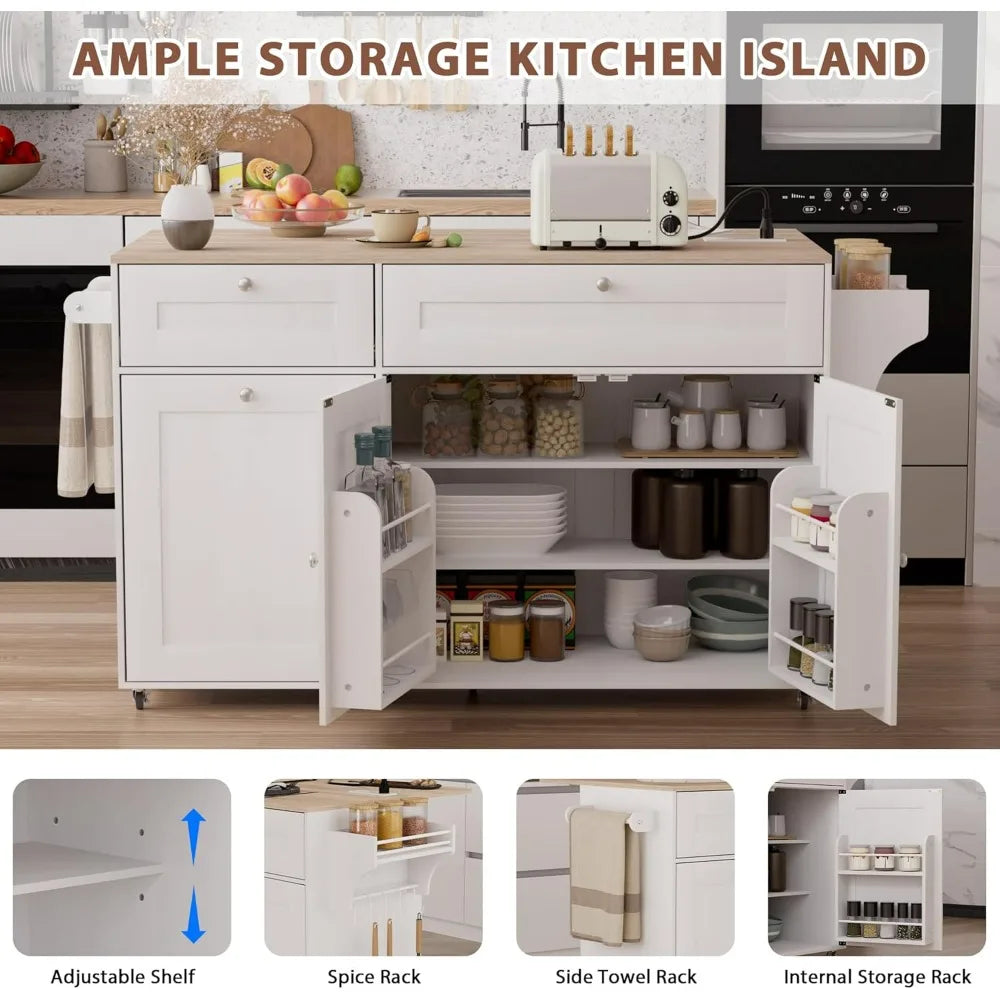Kitchen Island On Wheels With Storage, Rolling Kitchen Islands With Drop Leaf&Power Outlet, Mobile Kitchen Island Cart With Tras