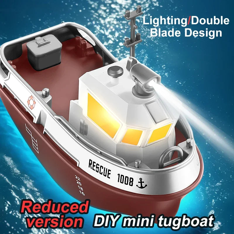 1/72 Mini Boat S820 RC Tugboat 2.4G Dual Motors Remote Control Ship Electric Watercraft Model Toys with LED Light for Kids Gift