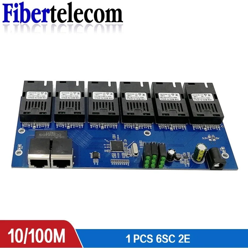 Reverse POE Switch 100M PCBA Board Fiber Optic Media Converter 2 RJ45 to 6 SC Optic Connector  3A+3B Ports 20KM Ethernet