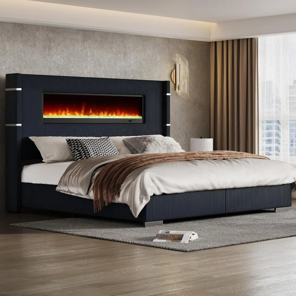 Modern King Size Bed Frame with Fireplace, Wingback Platform Bed Frame with 60.4“ Extra Tall Headboard, Corduroy