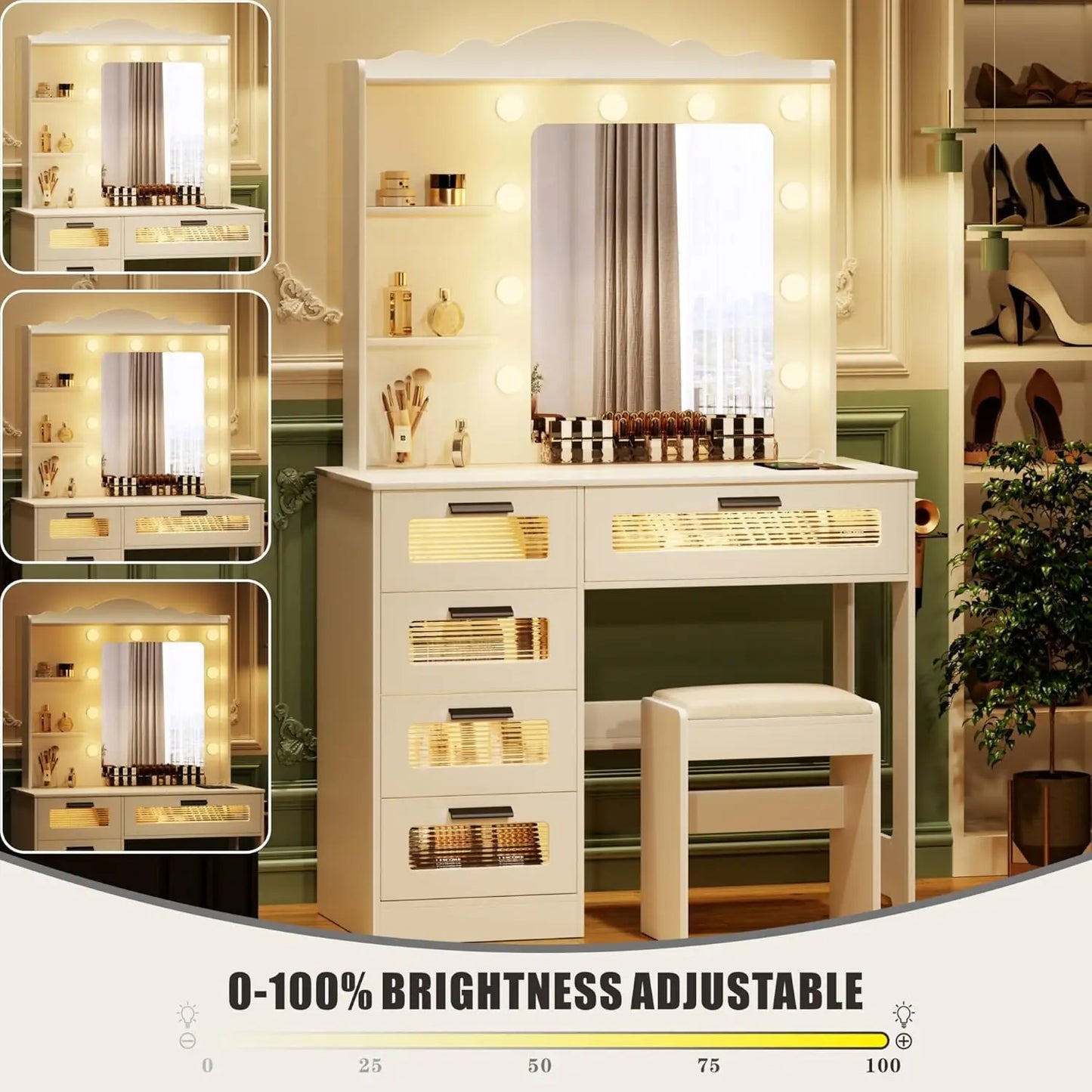 Makeup Vanity Desk with Mirror and Lights,Vanity Table with 5 Drawers&2 Shelves,Vanity Set for Bedroom,Dressing, Customized