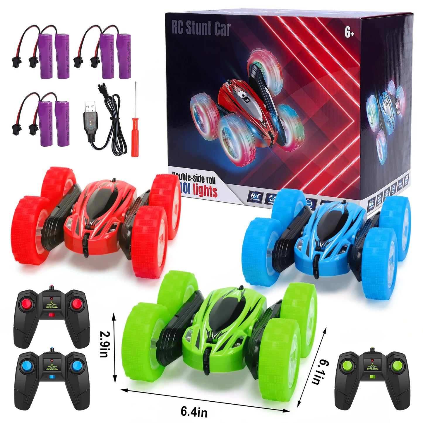 3 Pack Remote Control Car Toys for Kids, 2.4GHz RC Stunt Cars with Wheel Lights, Drift High Speed 4WD Off Road Double Sided 360°