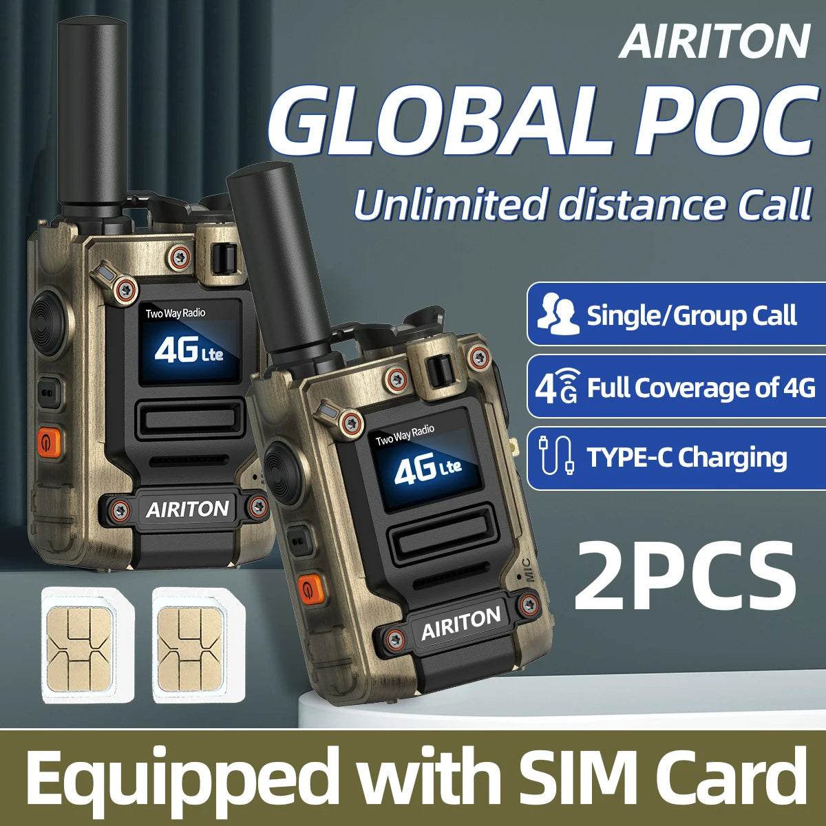 2X AIRITON AI-G7 Global Network POC Radio Walkie Talkie 4G Unlimited Range Type-C Long Range Sim Card Two Way Radio for Camping