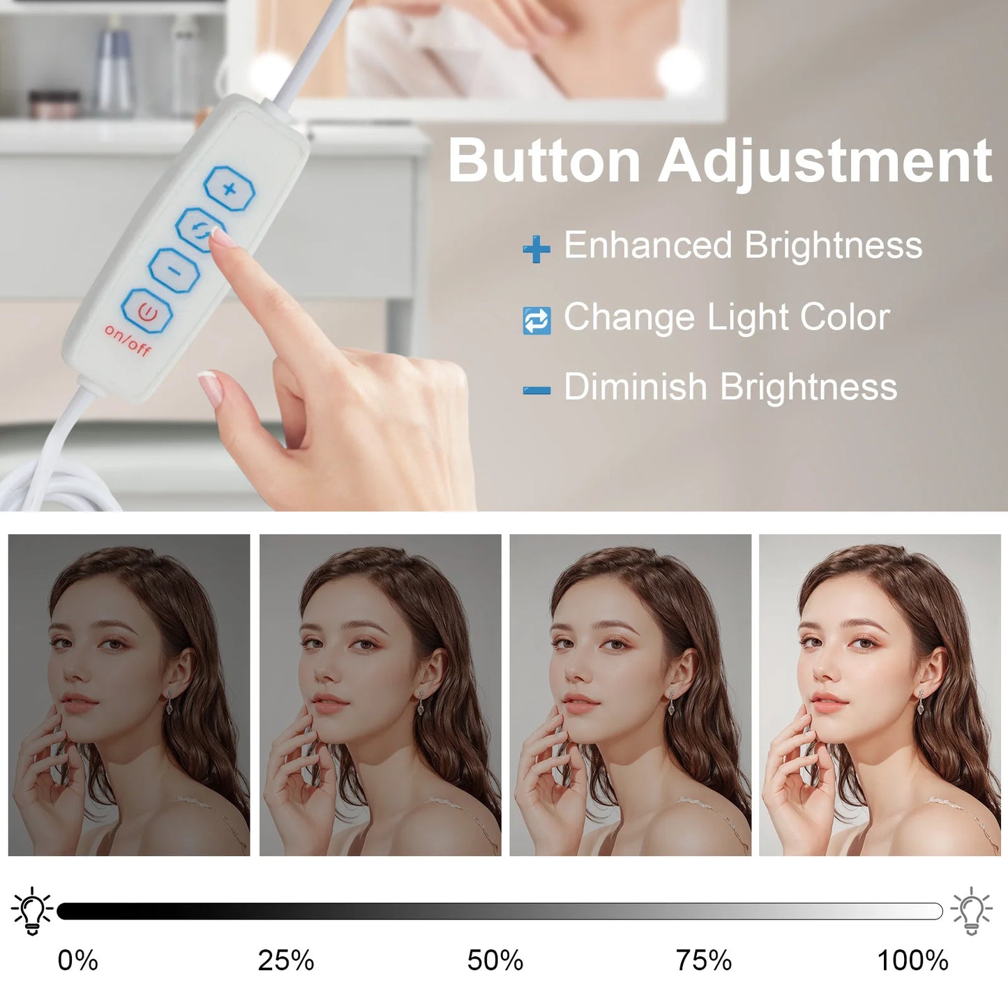 Teousev White Modern Vanity Set with 10 LED Lighted Mirror 5 Drawers & Stool 3 Color Dimmable Easy Assembly Bedroom Dressers