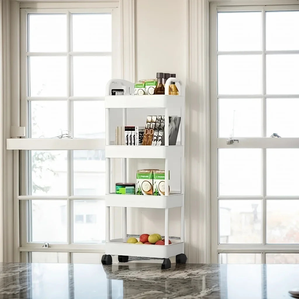 3/4-Tier Slim Rolling Storage Cart – Plastic Organizer with Adjustable Shelves & Wheels for Office, Kitchen, Bathroom