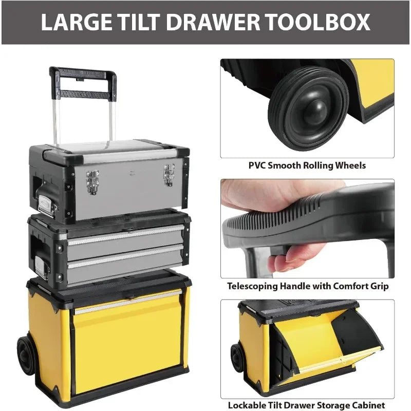 Tool Stackable Portable Metal Tool box Organizer with Wheels and 2 Drawers, Rolling Upright Trolley Guaranteed Authentic.