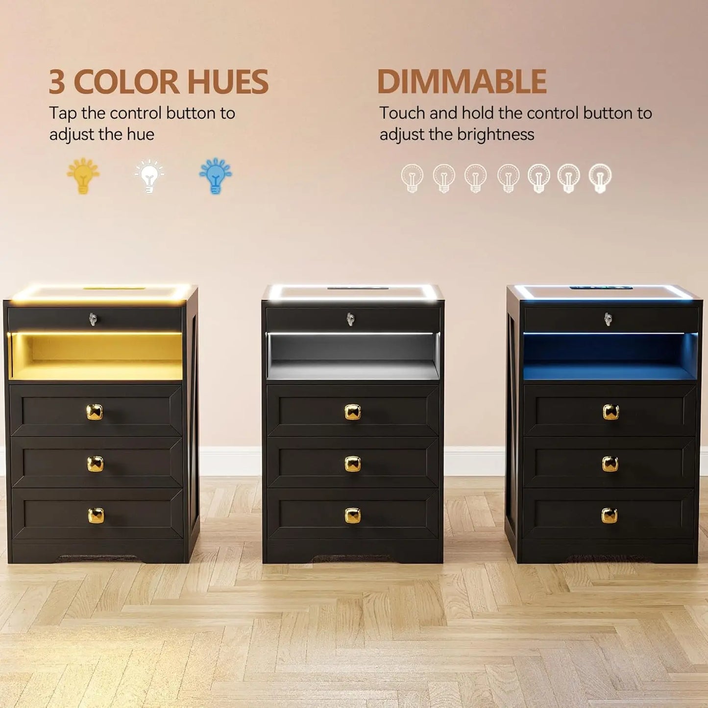 Smart Night Stand with Gun Drawer,Glass Top Nightstand with Charging Sation,LED Bedside Table with 3 Color, Customized